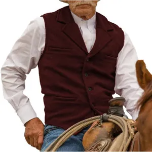 Detail view of burgundy herringbone vest for men showing fabric texture and lapel design