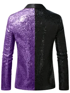 Back view of a purple and black two-tone sequin blazer for men's stage performance.