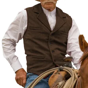 Close-up detail of a brown herringbone slim fit vest for men featuring classic lapels