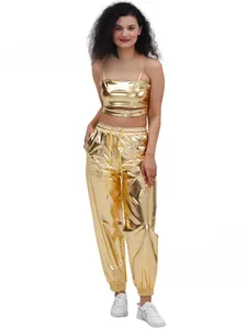 Full view of shiny gold metallic outfit showing details of crop top and jogger pants