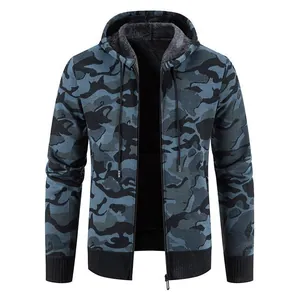 Men's stylish blue camouflage hooded knit cardigan jacket with warm fleece lining.