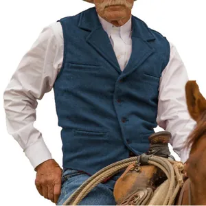 Blue herringbone patterned slim fit vest for men's formal or business casual wear