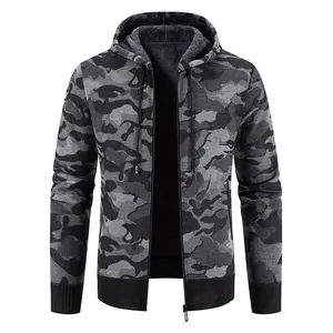 Men's stylish camouflage hooded knit jacket featuring warm fleece lining and full zip closure