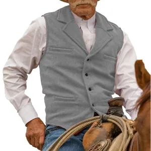 Detailed view of grey herringbone men's vest waistcoat in outdoor western setting