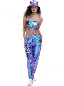 Full body view of women's metallic holographic joggers and crop top performance outfit.