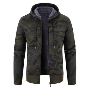 Men's camouflage hooded knitted jacket with fleece lining and full zip closure