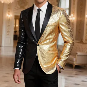Men's Sequin Blazer Stage Performance Contrast Color Stitching Shawl Lapel Single Button Suit Jacket For Party Banquet