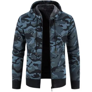 Men's camouflage hooded knit cardigan jacket with thick fleece lining for autumn winter