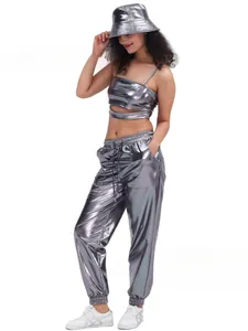 Detail showing metallic silver 3-piece street outfit including hat, crop top and joggers