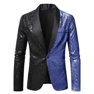 Mens stylish two-tone sequin blazer jacket in blue and black for stage and gala events