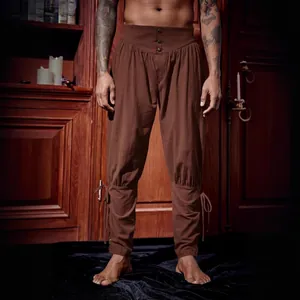Pantaloni medievali vichinghi da uomo in cotone e lino con lacci alle caviglie marroni