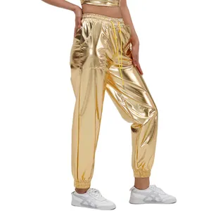 Shiny gold metallic joggers for women, loose fit streetwear joggers for party performance