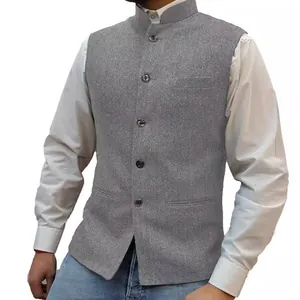Men's grey herringbone Nehru collar vest with five-button closure front view on model
