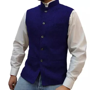 Men's blue herringbone waistcoat with stand collar in classic Zhongshan suit style