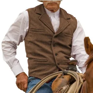 Vintage brown herringbone waistcoat for men, slim-fit business casual vest on model