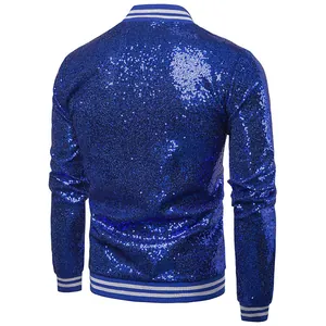 Detaillierte Rückansicht der blauen Paillettenjacke für Herren mit gestreiften Bündchen