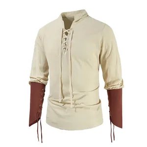Mittelalterliches Gothic-Herrenhemd mit Schnürkragen und Manschetten im Vintage-Stil