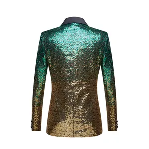 Gedetailleerd achteraanzicht van een herenblazer met groen-goudkleurige lovertjes