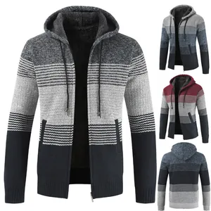 Men's fleece-lined hooded sweater cardigan jacket with color-block knit and front zipper