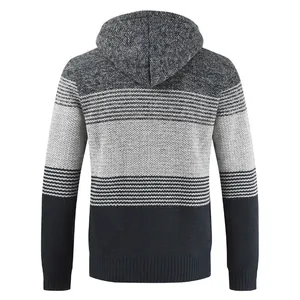 Men's thickened hooded knit cardigan jacket with gradient color-block design, back view