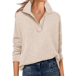 Dames V-hals Polo Shirt Lange Mouw Losse Pasvorm Casual T-shirt Polyester Patchwork Top Effen Kleur Herfst Mode Kleding