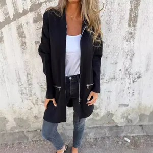 Casual black zip-up jacket for women with long sleeves for autumn outdoor wear