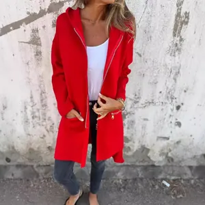 Casual women's red hooded jacket with front zipper for autumn and winter outdoor wear