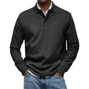 Men's casual long sleeve charcoal polo shirt with buttoned collar and ribbed cuffs.