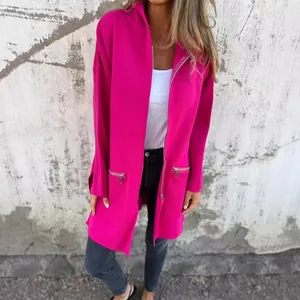 Stylish women's casual longline hooded zipper jacket in vibrant magenta pink color