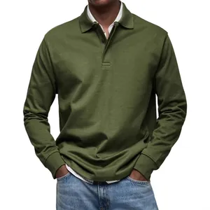 Men's long sleeve polo shirt with buttons in olive green casual style.
