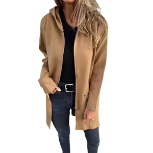 Casual women's tan solid color hooded zip-up jacket for autumn and winter wear