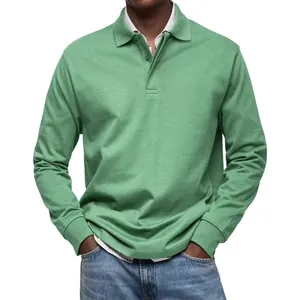 Classic men's casual long sleeve green polo shirt with buttoned collar in soft cotton