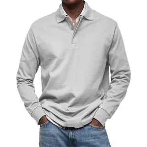 Casual men's long-sleeve polo shirt in grey with a classic button-down turnover collar