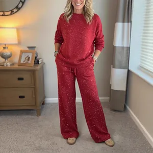 Women's Christmas Two Piece Top And Bottom Long Sleeve Round Neck Sweatshirt Drawstring Casual Wide Leg Pants Sparkly Festive Lounge Wear Outfit