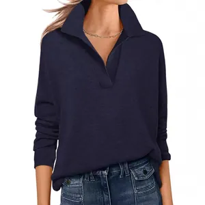 Elegante donkerblauwe casual gebreide trui voor dames met V-hals en lange mouwen