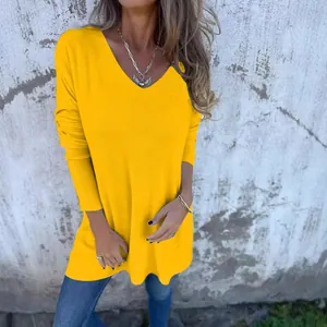 Haut en maille jaune à col en V et manches longues pour femmes, idéal pour le printemps