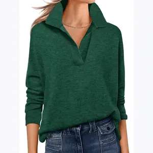 Casual groen dames T-shirt met V-hals en lange mouwen, comfortabele losse pasvorm