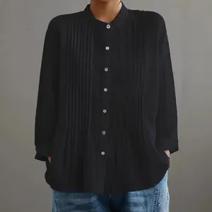 Elegante camicia nera a maniche lunghe plissettata da donna con vestibilità comoda