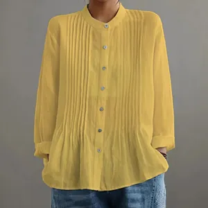 Elegante camicia casual gialla da donna a maniche lunghe con raffinato design a pieghe frontali