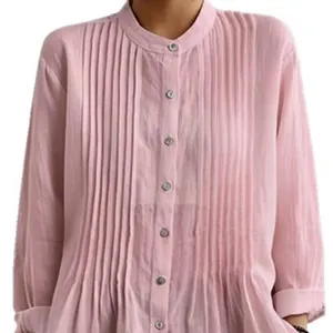 Elegante camicia rosa a maniche lunghe plissettata da donna con collo alla coreana