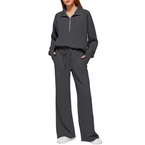 Women Casual Polyester Sweatshirt And Wide Leg Pants Set Solid Color Half Zip Long Sleeve Top And Bottom Lounge Suit