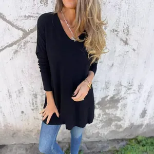 Haut en maille noire décontracté à col en V et manches longues pour femmes, coupe ample