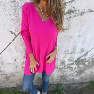 Pull en maille rose fuchsia à col en V pour femme, haut ample décontracté pour automne