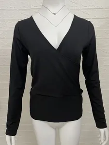 Haut en maille côtelée à manches longues et col en V ajusté noir pour femmes mode