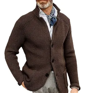 Mens dark brown textured knit cardigan jacket with long sleeves and button closure