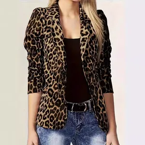 Dames Luipaardprint Blazer Slim Fit Dunne Eén Knoop Pak Jas Lange Mouwen Revers Pendelen Mode Polyester Bovenkleding Top