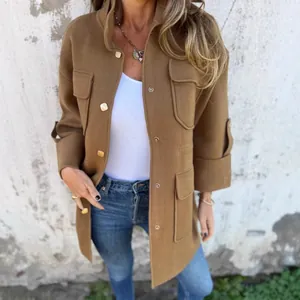 Women Fashion Stand Collar Nine-Quarter Sleeve Jacket Multi-Pocket Double-Sided Texture Coat Casual Commute Outerwear