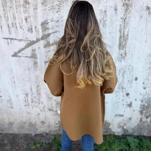 Back view of a stylish brown stand collar double-faced wool coat with 3/4 sleeves for autumn.
