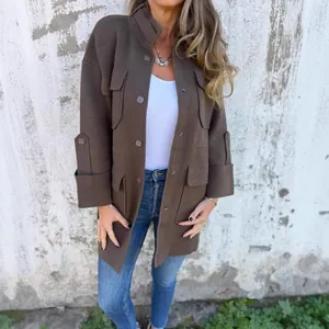 Stylish women's brown double-sided wool coat with stand collar and cargo pockets