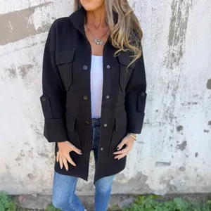 Elegant black stand-up collar double-faced wool coat with multi-pocket design for autumn.